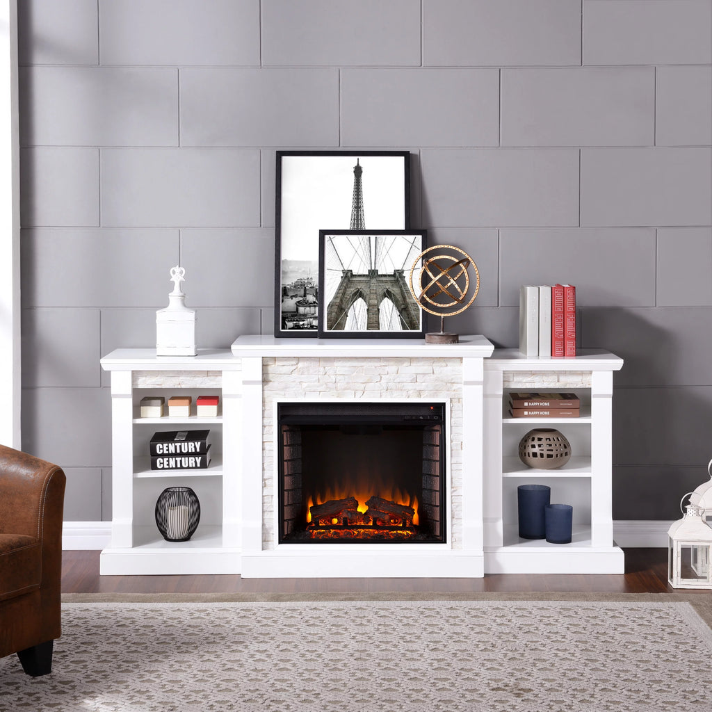White Electric Fireplace with Bookcases C8345